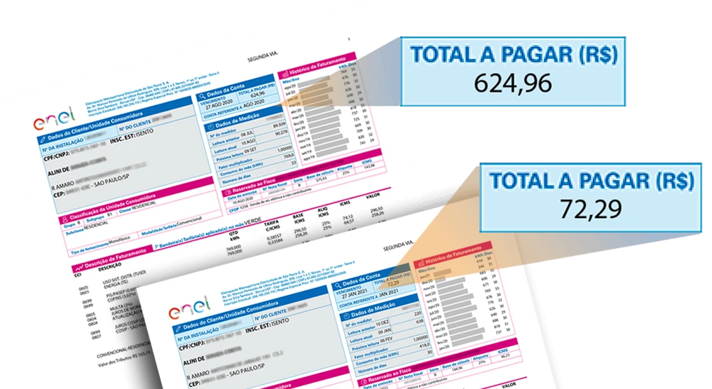 Comparativo conta de luz - Redução de 98% com energia solar EletroBidu